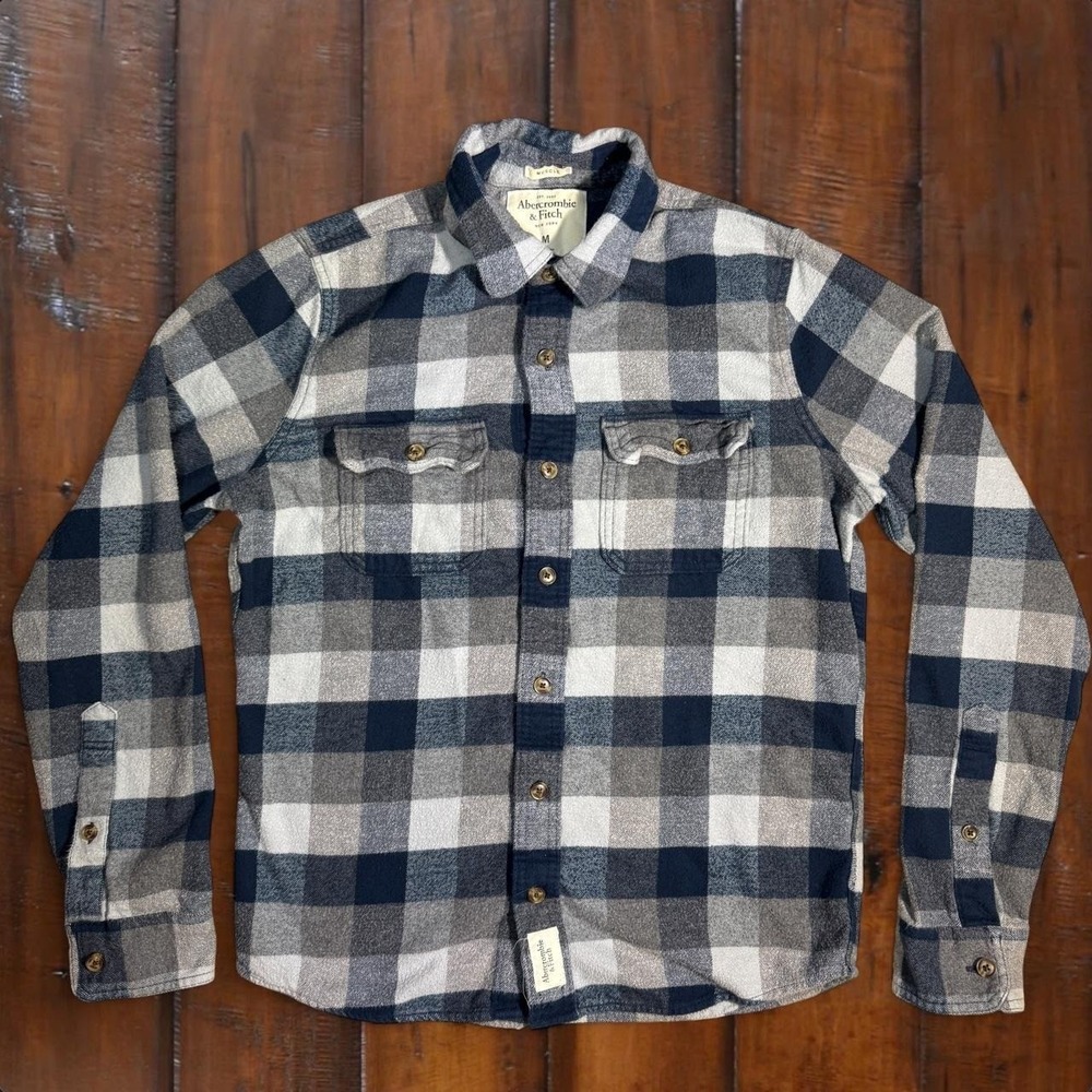 Abercrombie & Fitch Muscle Fit Plaid Flannel Shirt Men's M Blue Gray Y2K Cotton